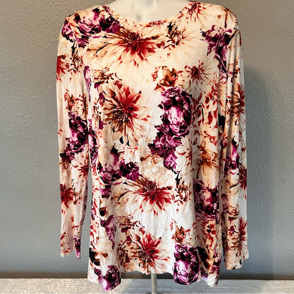 Chico's Cream and Purple Floral Long Sleeve Top Women’s Medium (1)